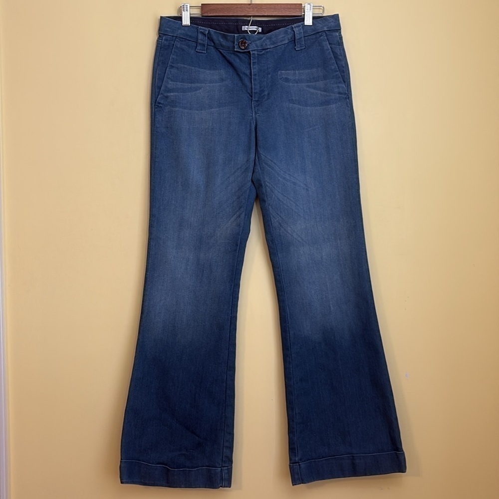 Banana Republic Bootcut Flare Cuff Flap Back Pocket Whisped Blue Denim Jeans 12